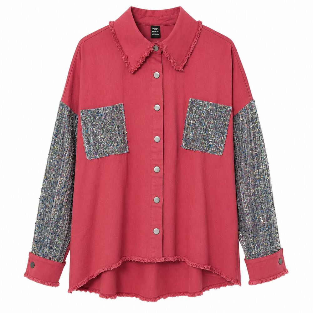 Fashion Nova Sequin Sleeve Button Up Shacket Shirt Jacket Pink Womens Large NWOT